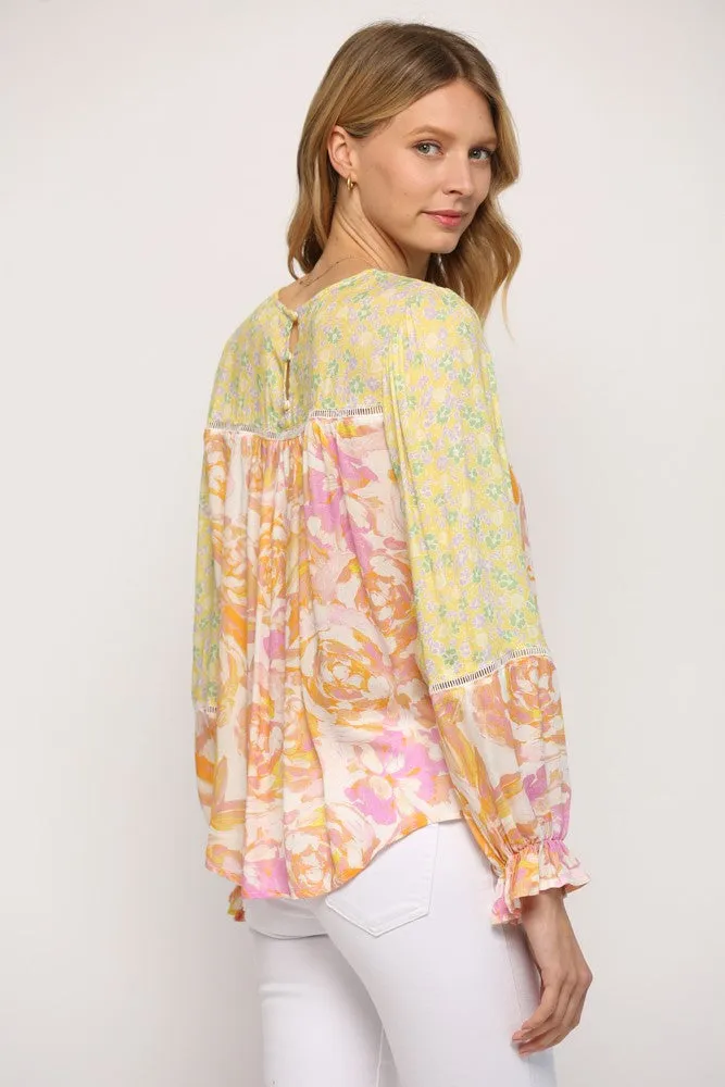 Mixed Print Lace Peasant Top
