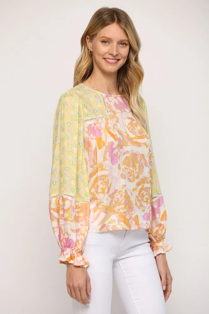 Mixed Print Lace Peasant Top