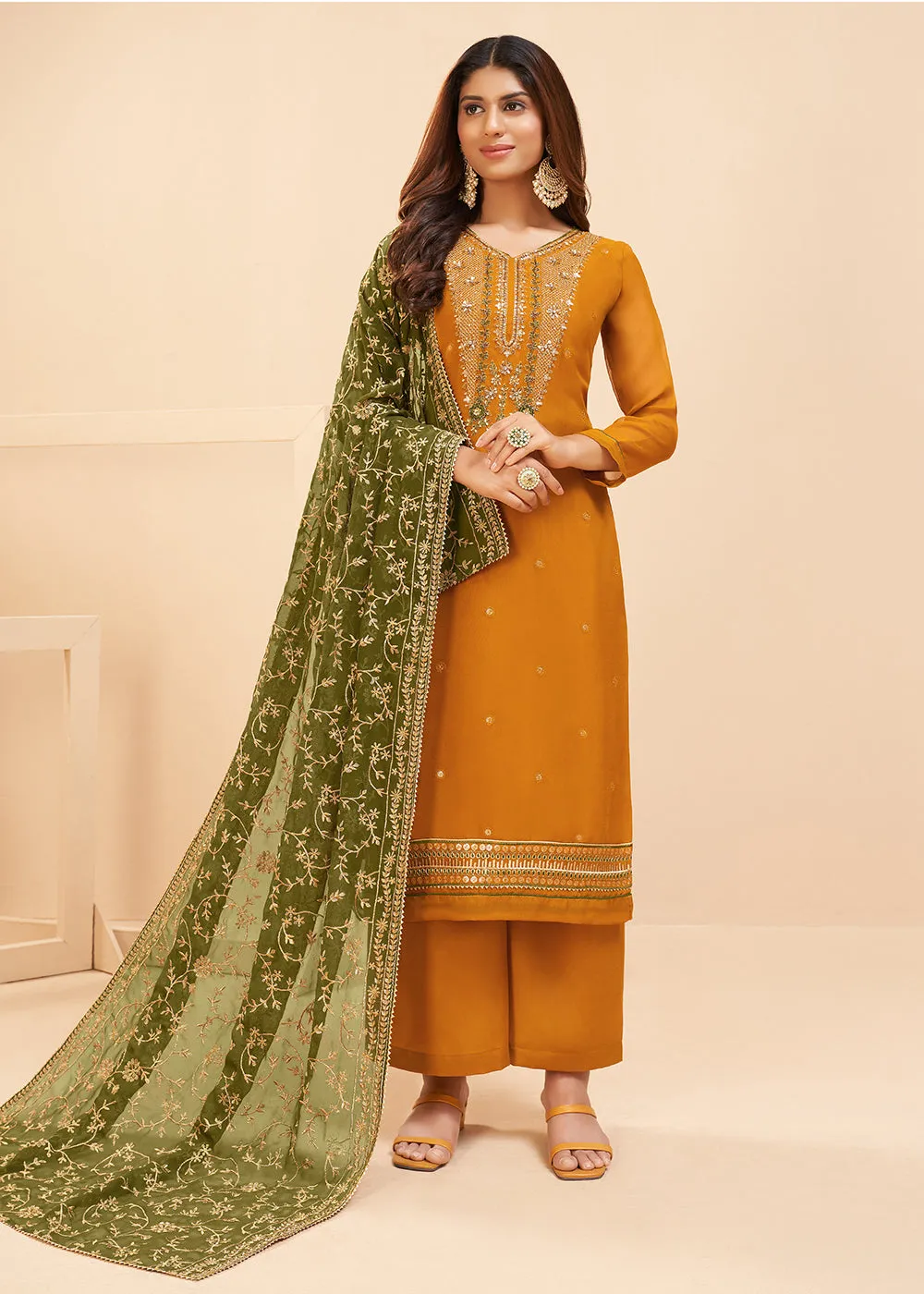 Multi Thread Mustard Yellow Georgette Party Wear Salwar Kameez