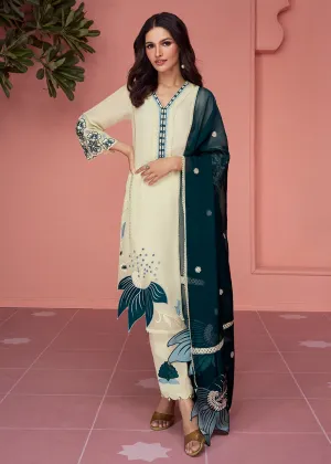 Organza Silk Pretty Cream Pakistani Style Salwar Suit