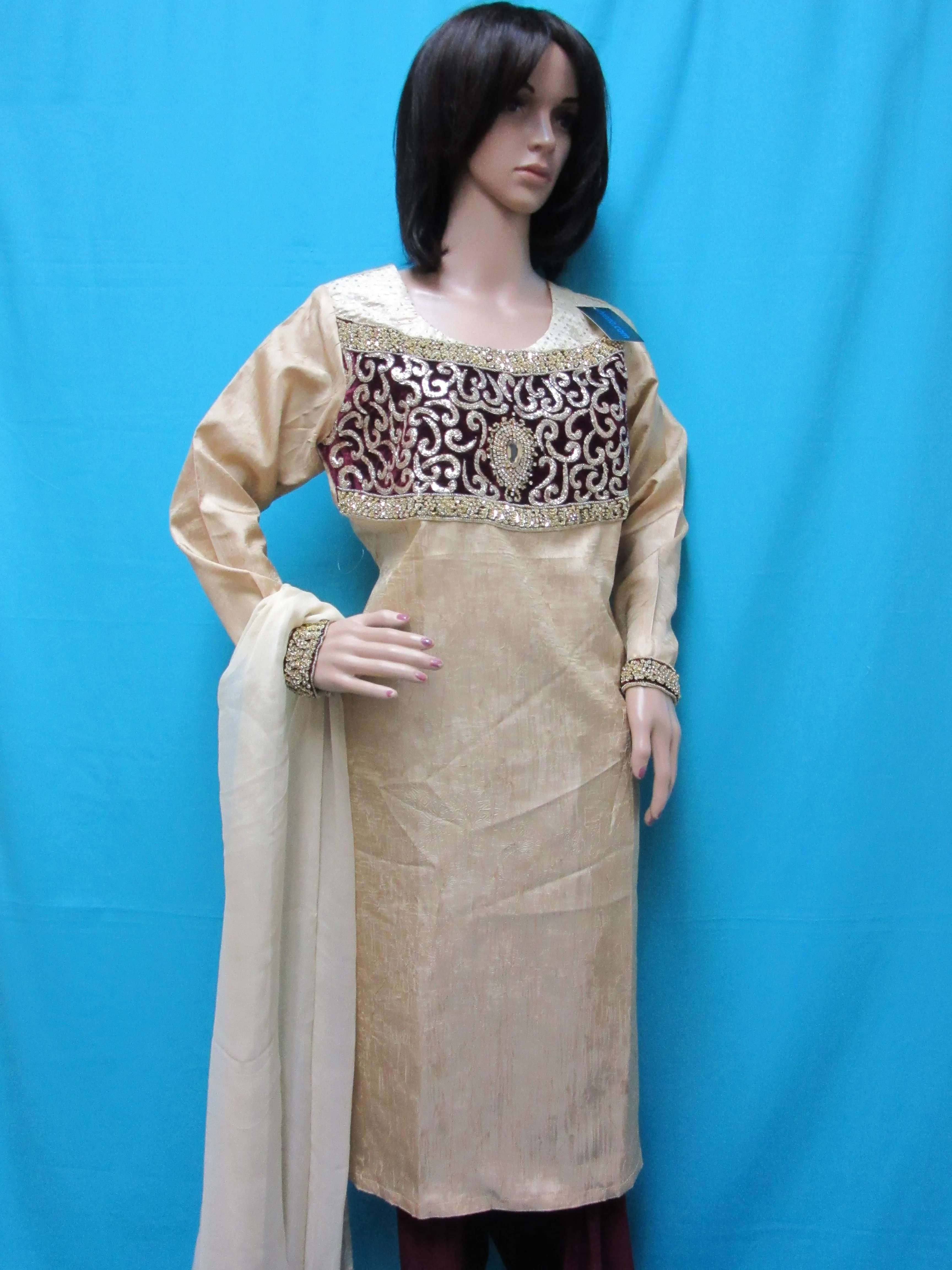 Pakistani 8400 Beige Gold Crushed Silk Salwar Kameez Dupatta Suit Large Size