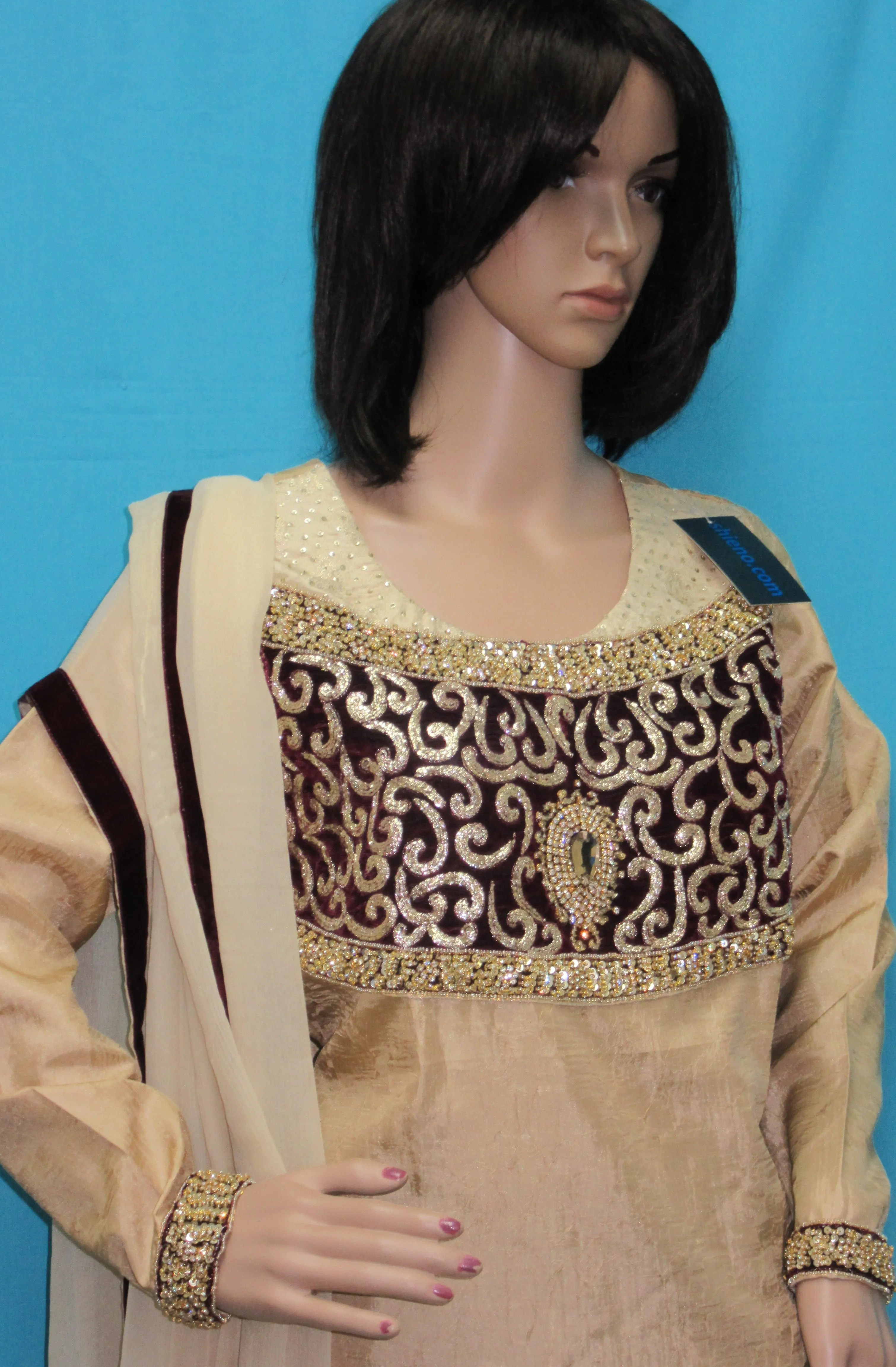 Pakistani 8400 Beige Gold Crushed Silk Salwar Kameez Dupatta Suit Large Size