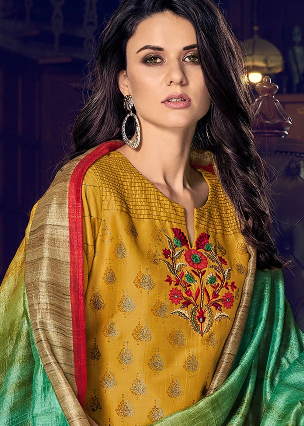 Palazzo Style Mustard Yellow Embroidered Designer Suit