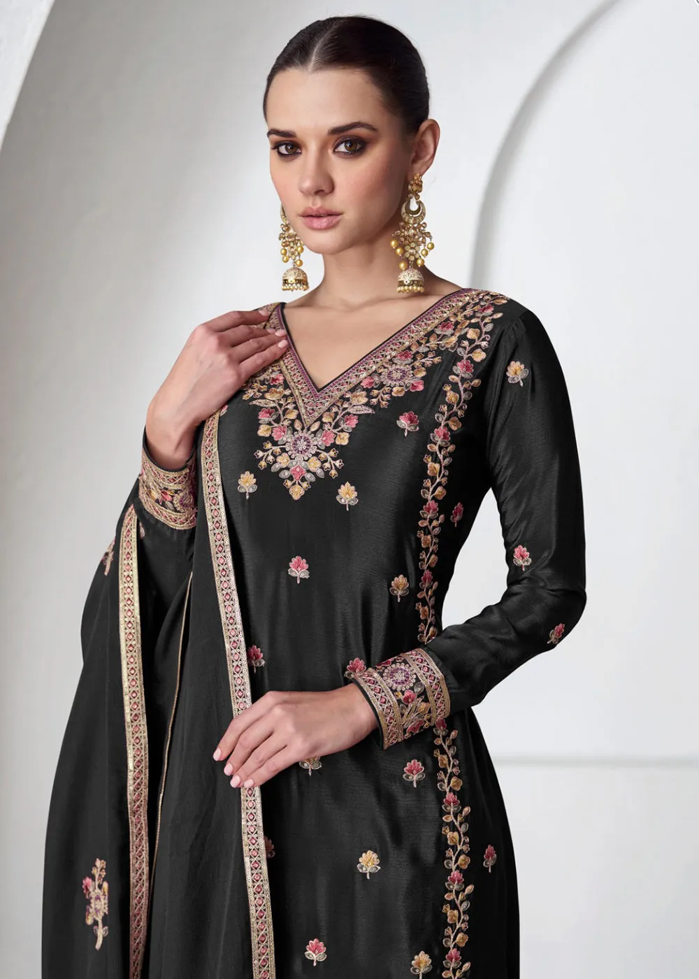 Palazzo Style Premium Chinnon Silk Black Festive Suit