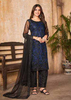 Party Wear Blue Embroidered Net Pant Style Suit