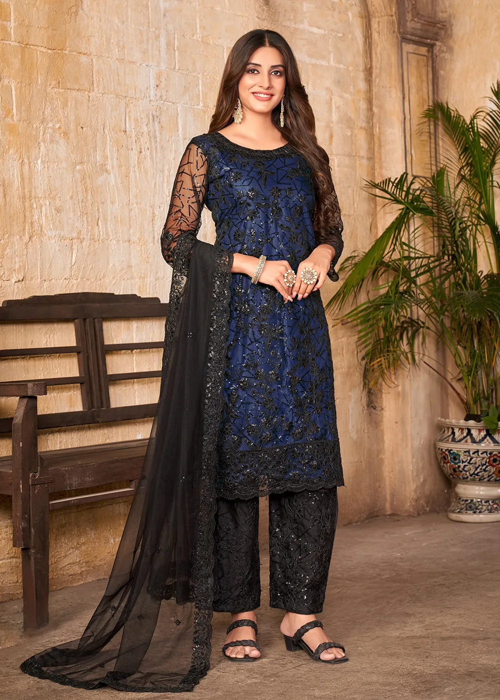 Party Wear Blue Embroidered Net Pant Style Suit