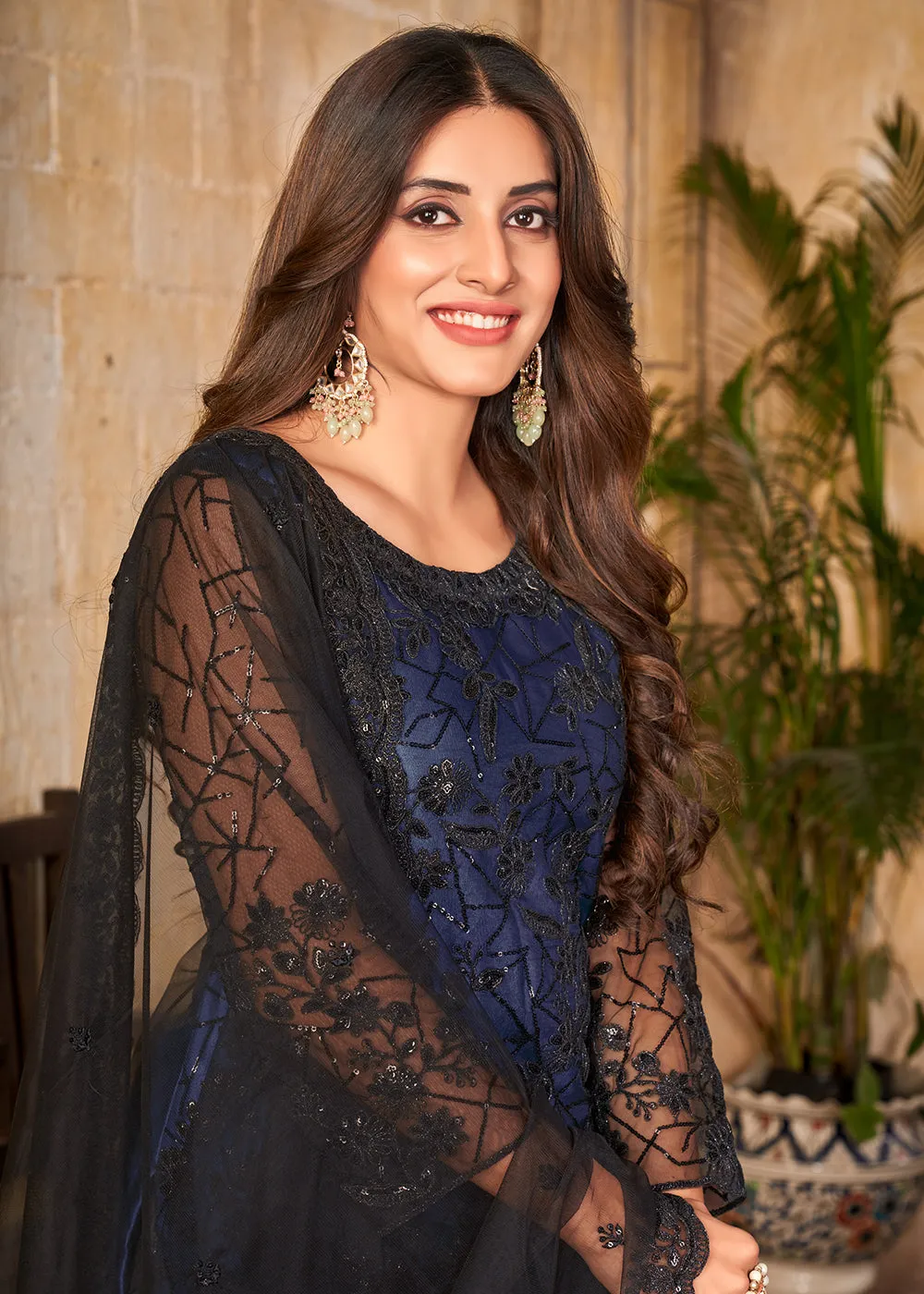 Party Wear Blue Embroidered Net Pant Style Suit