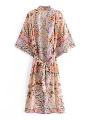 Partywear Cotton Kimono Robe Floral Print Beige Color Long Length Gown Robe Kimono