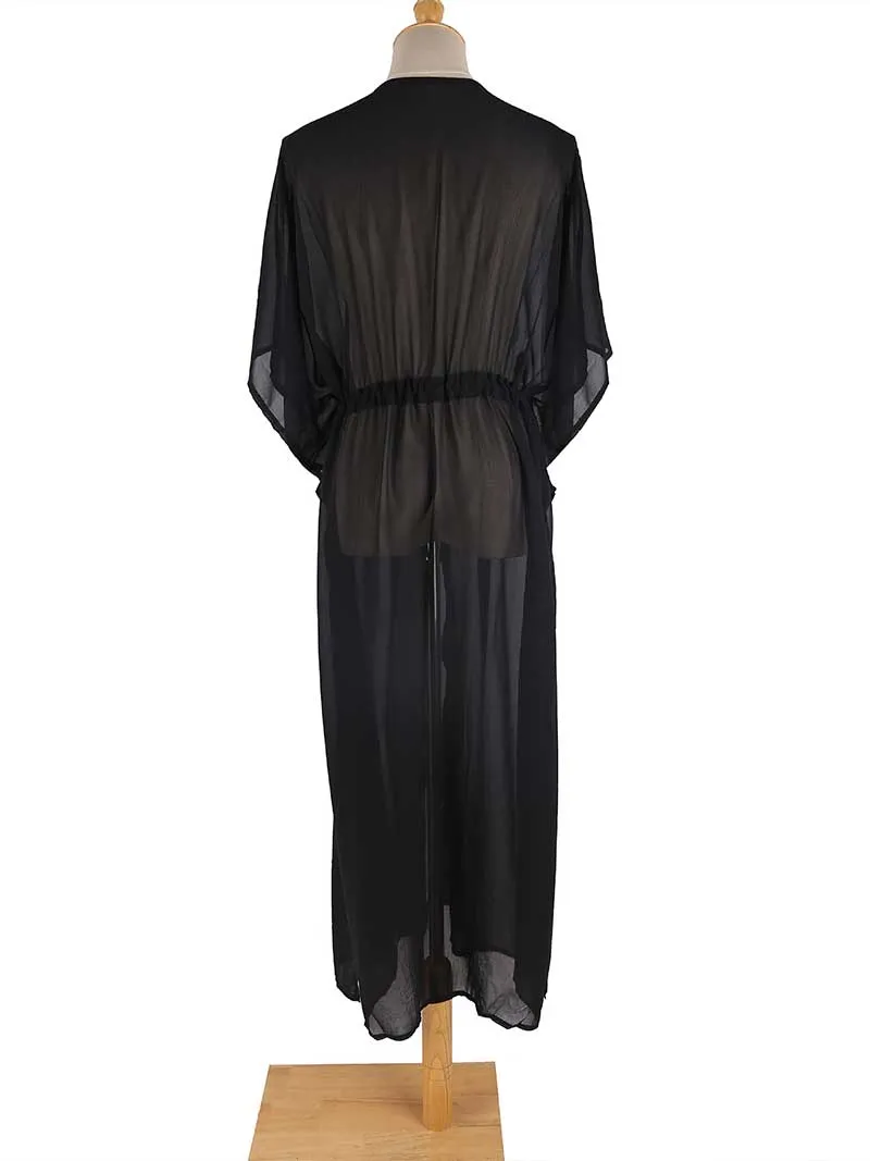 Partywear Embroidered Black Color Chiffon Long Length Gown Kimono Duster Robe