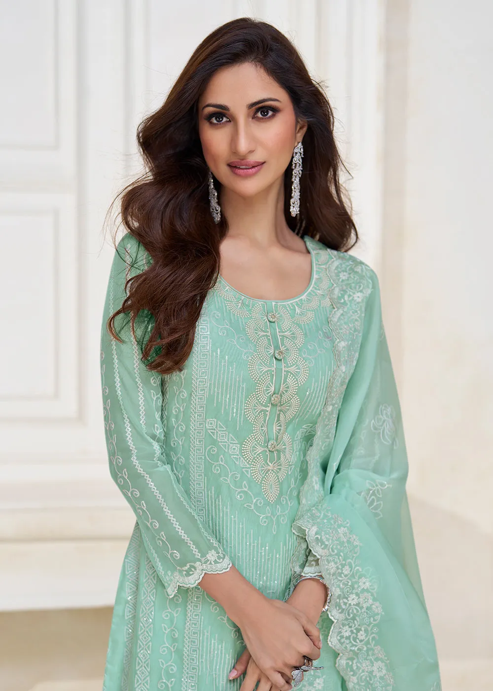 Pastel Aqua Blue Organza Silk Designer Salwar Suit