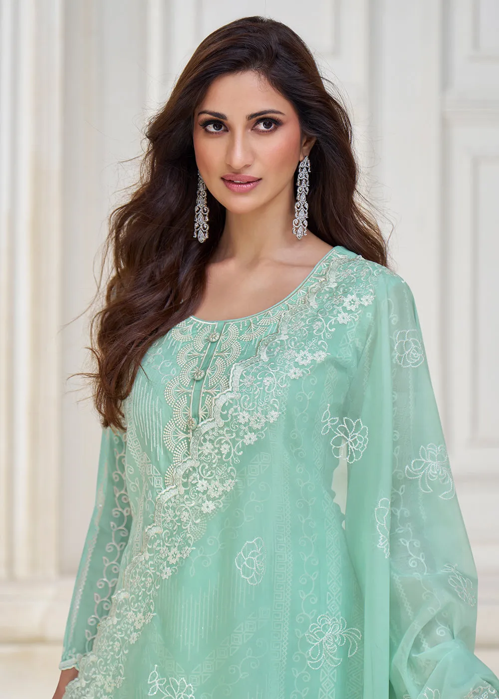 Pastel Aqua Blue Organza Silk Designer Salwar Suit