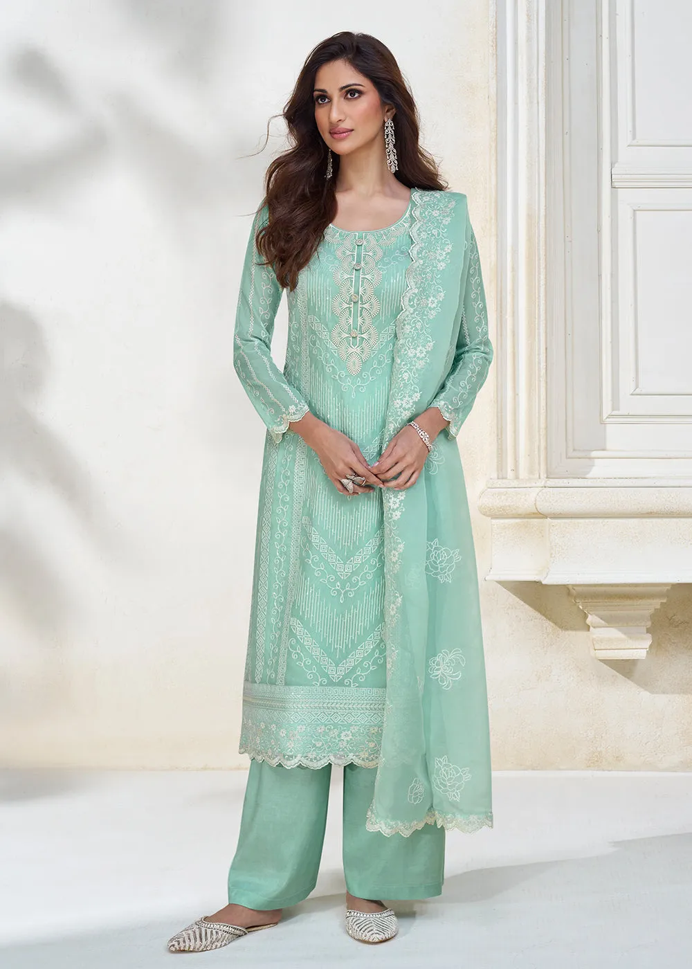 Pastel Aqua Blue Organza Silk Designer Salwar Suit