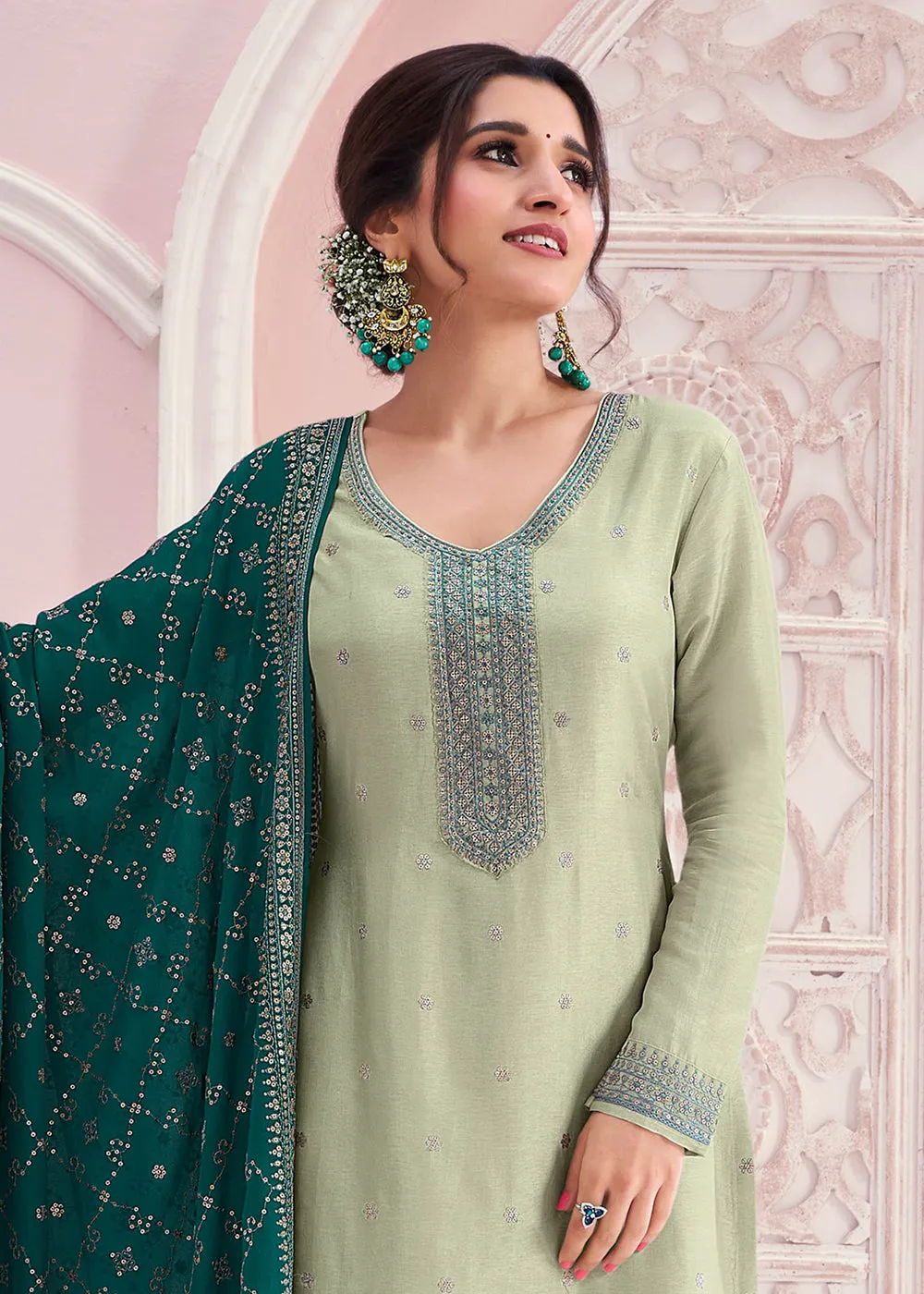 Pastel Green Thread Embroidered Silk Salwar Suit