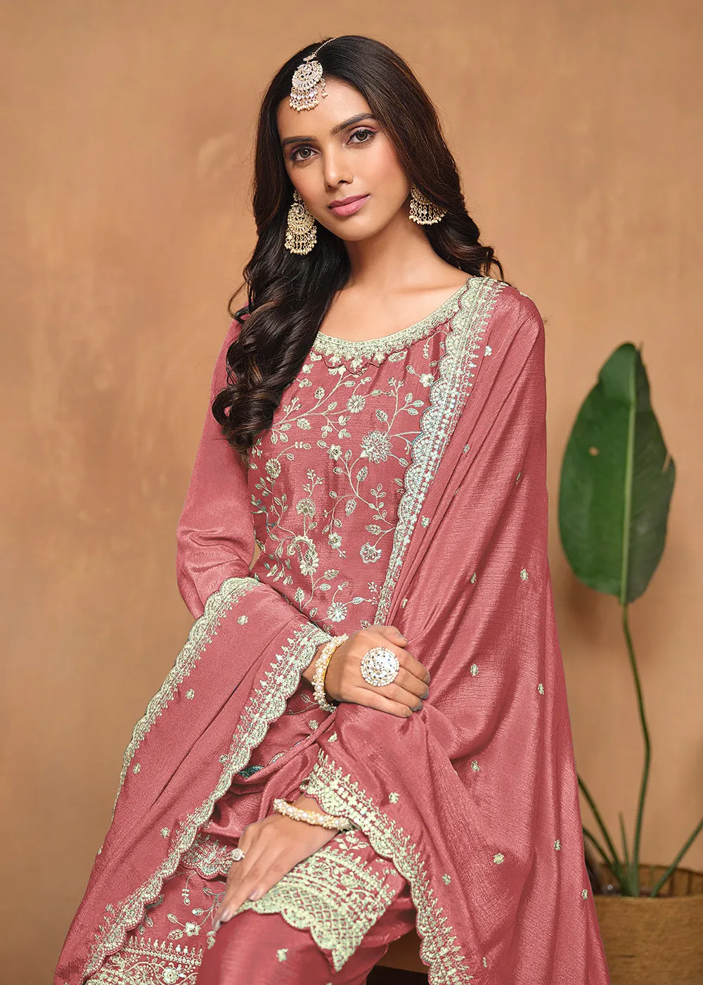 Peach Chinnon Resham & Sequins Embroidered Palazzo Suit