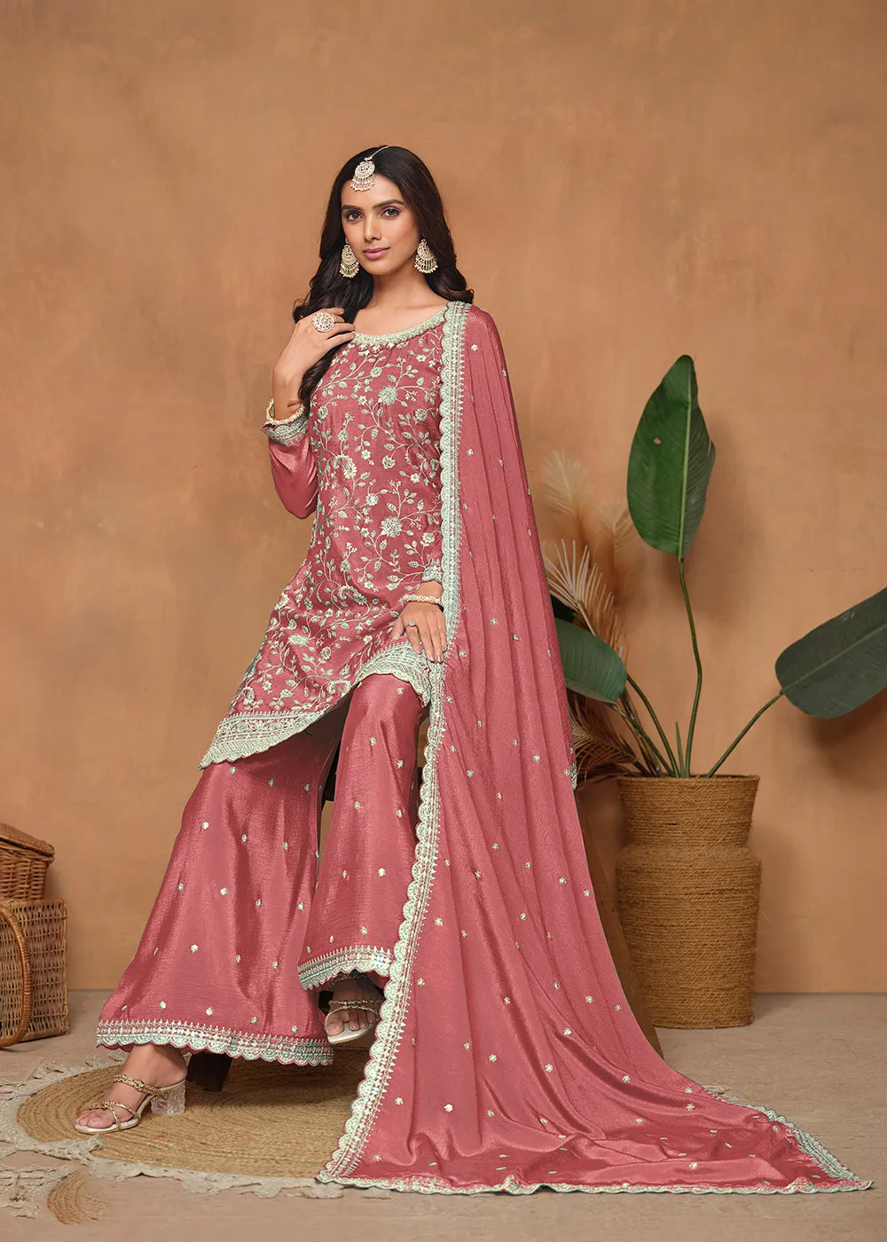 Peach Chinnon Resham & Sequins Embroidered Palazzo Suit