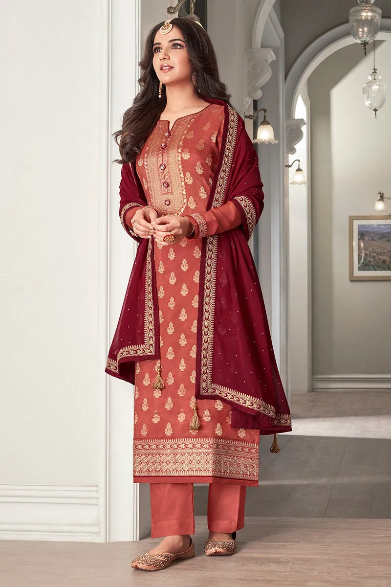 Peach Dola Jacquard Silk Festival Salwar Kameez