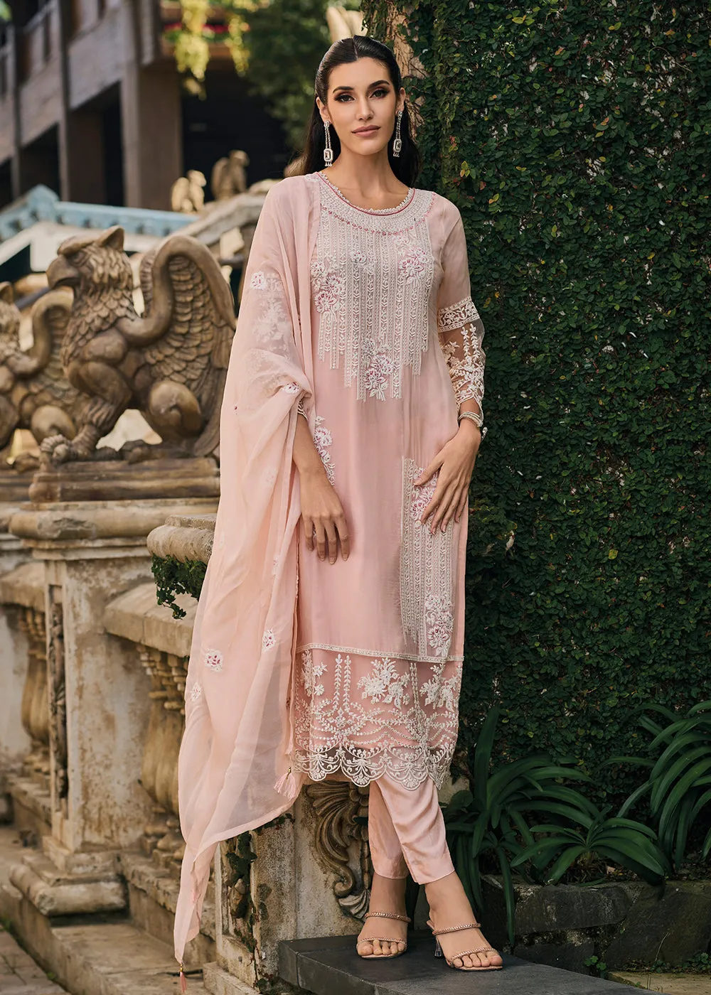 Peach Soft Organza Embroidered Designer Salwar Suit