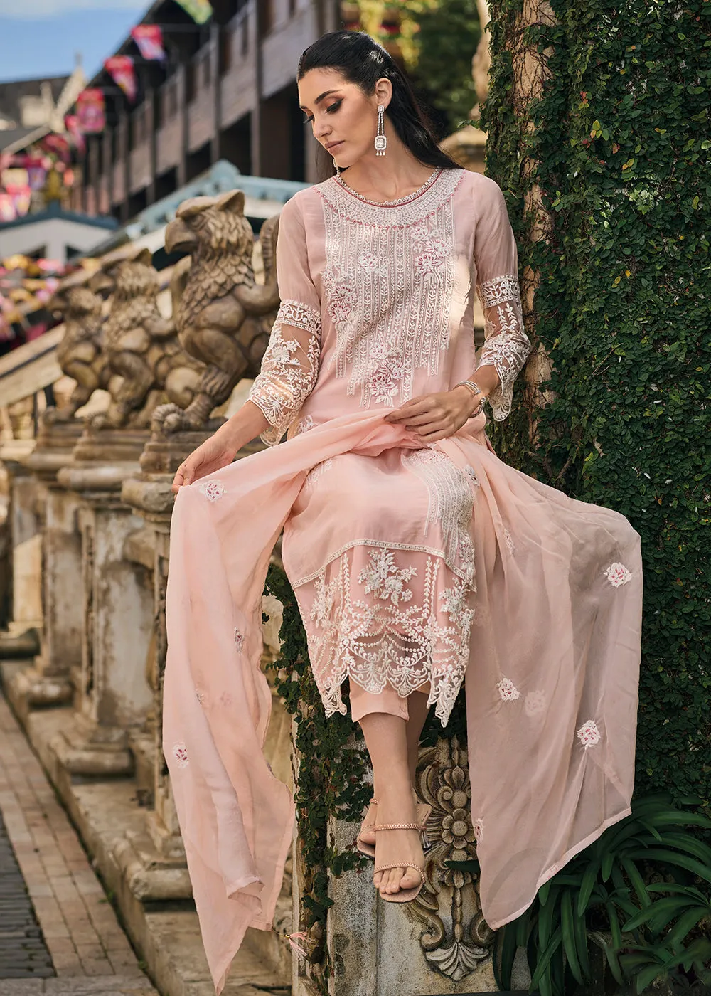 Peach Soft Organza Embroidered Designer Salwar Suit