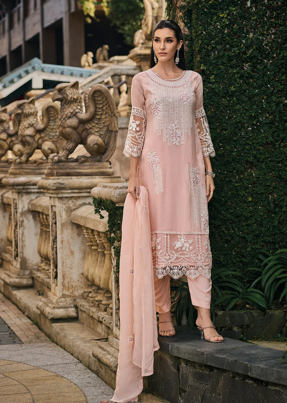 Peach Soft Organza Embroidered Designer Salwar Suit