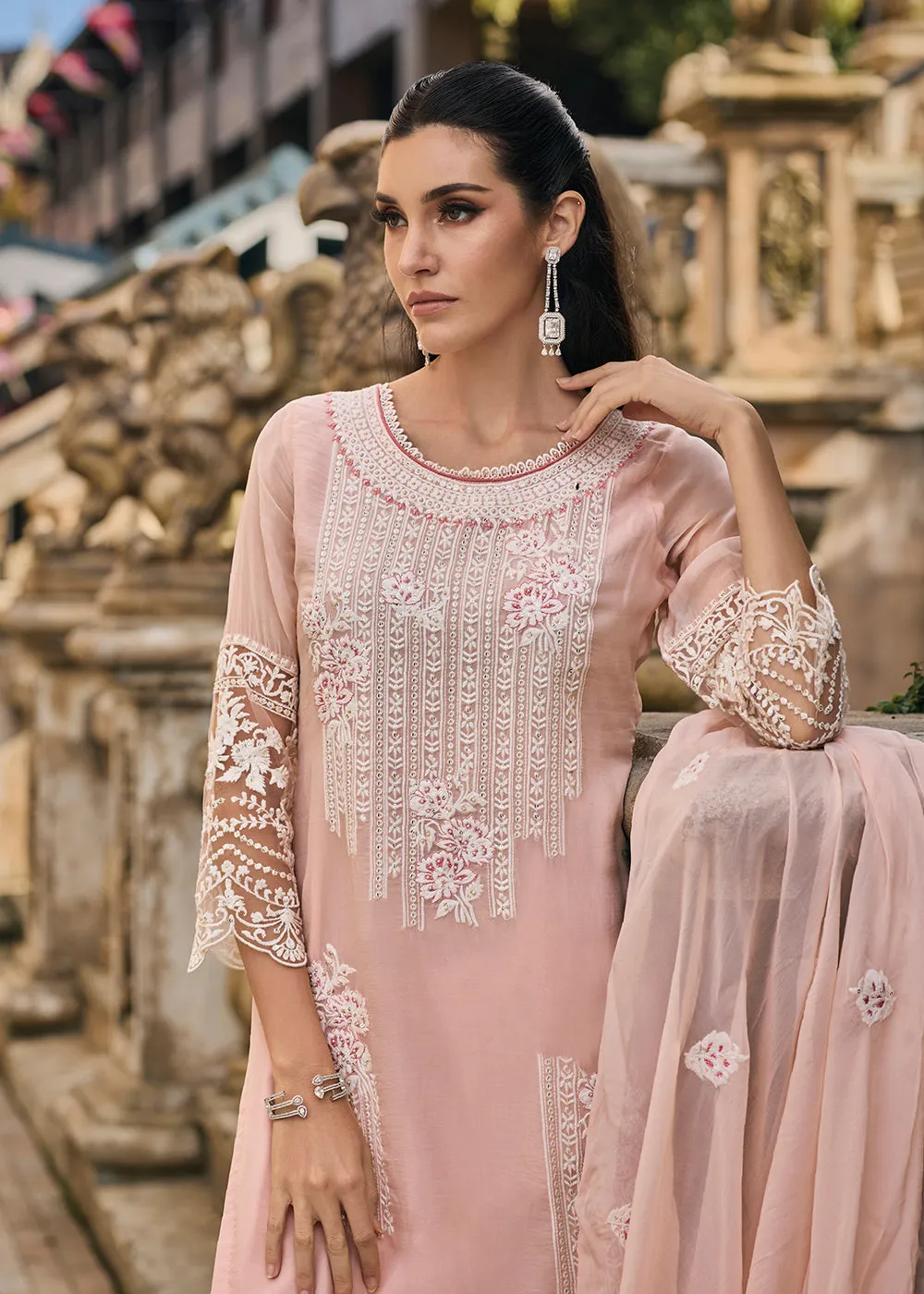 Peach Soft Organza Embroidered Designer Salwar Suit
