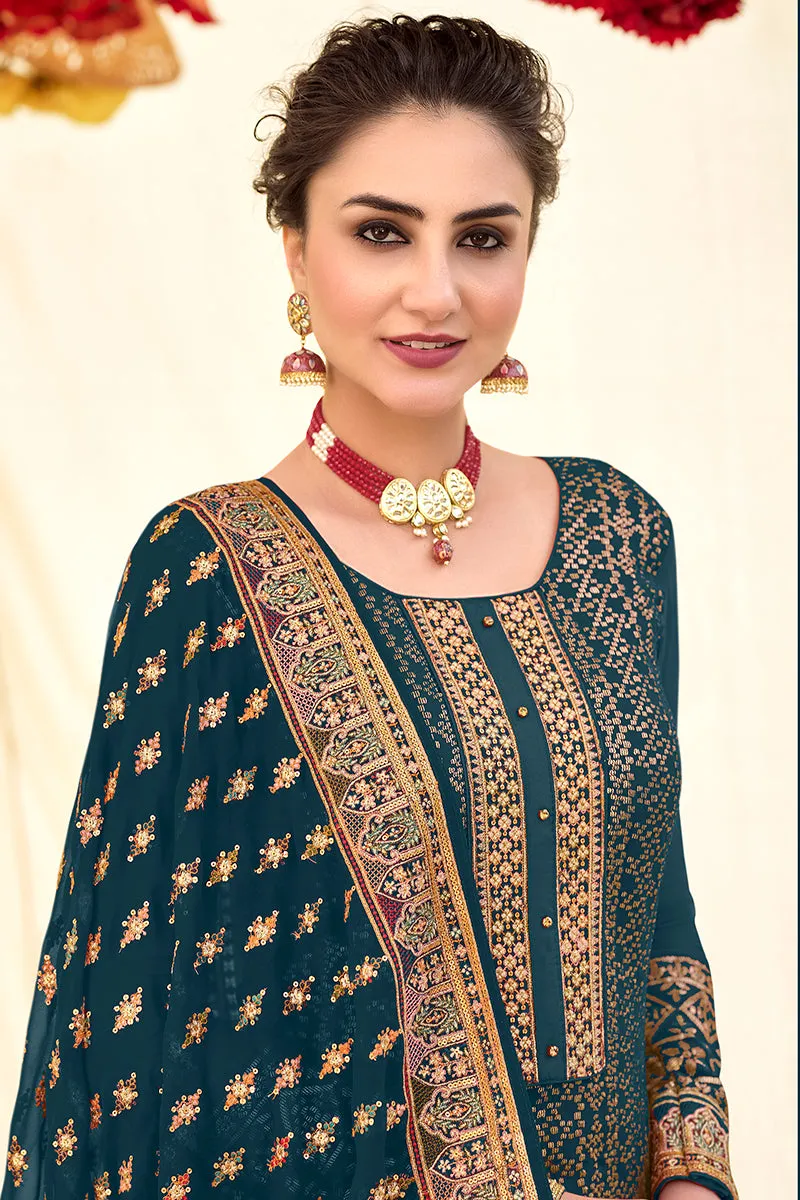 Peacock Blue Blooming Georgette Pakistani Style Salwar Suit