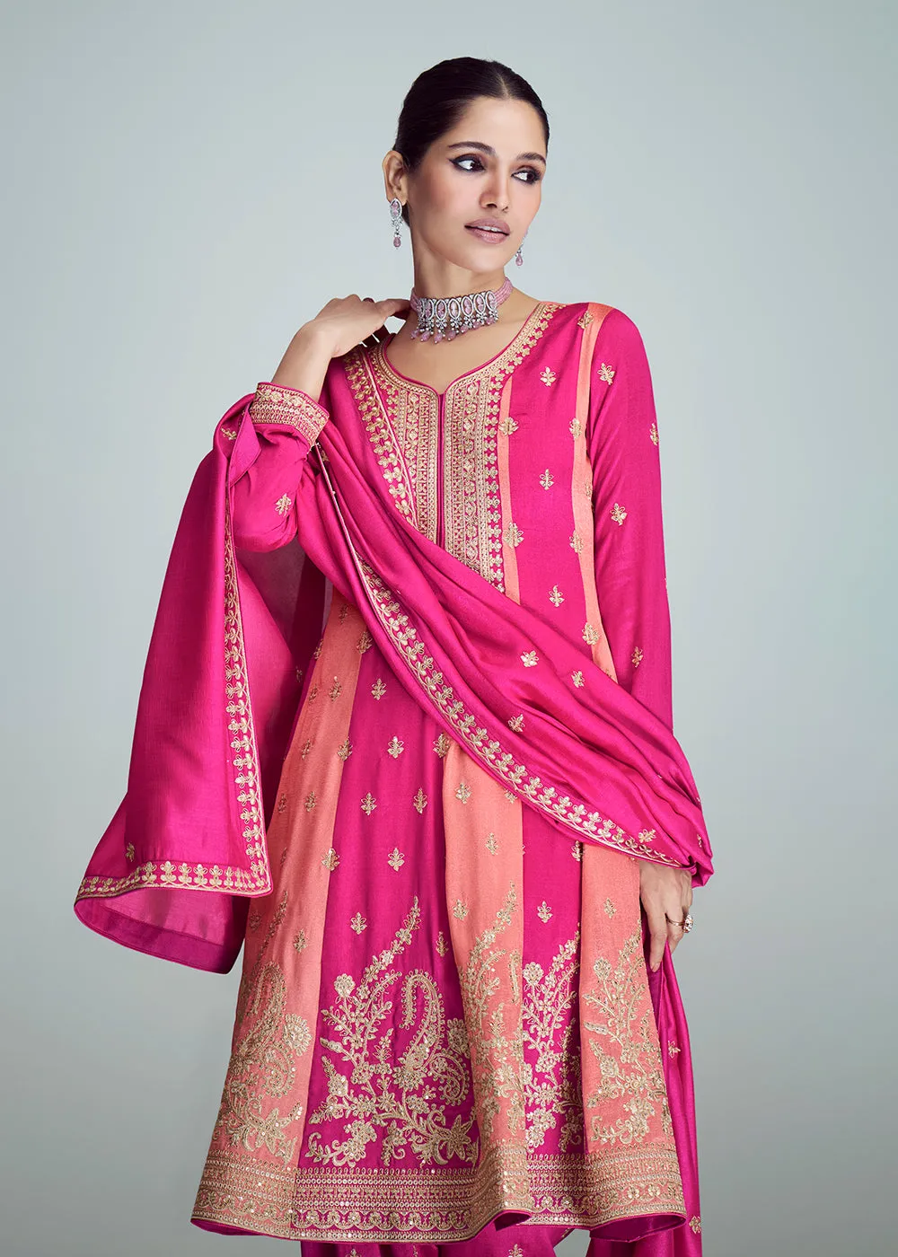 Pink & Peach Silk Embroidered Peplum Punjabi Style Suit