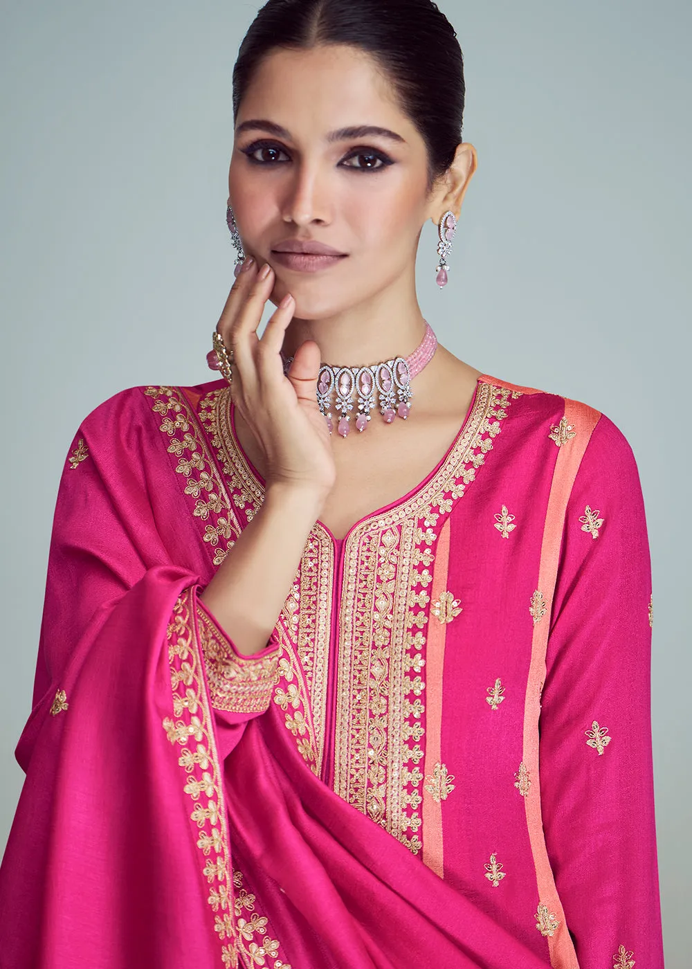 Pink & Peach Silk Embroidered Peplum Punjabi Style Suit