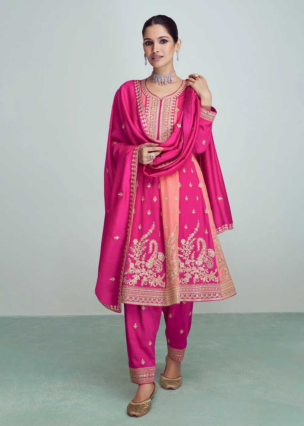 Pink & Peach Silk Embroidered Peplum Punjabi Style Suit