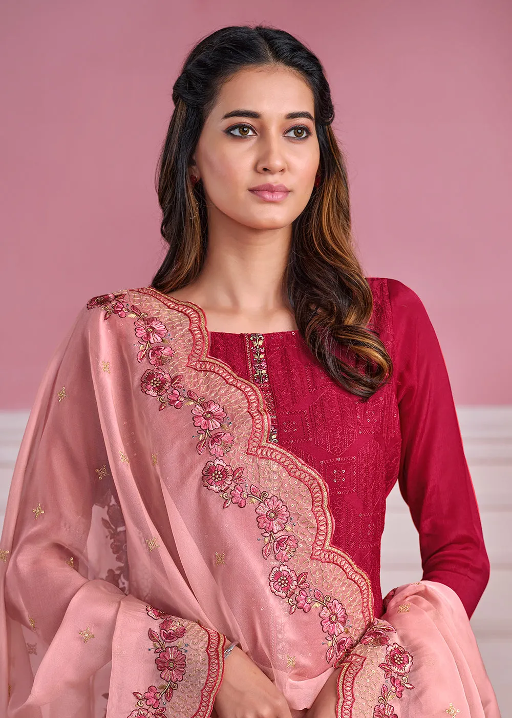 Pink Chinnon Chiffon Chikankari Embroidered Wedding Salwar Suit