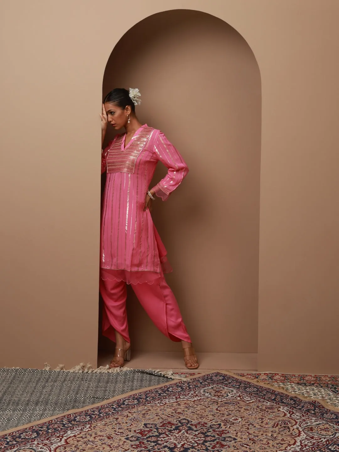 Pink Co-ord Set with Sequin Work Kurta and Dhoti