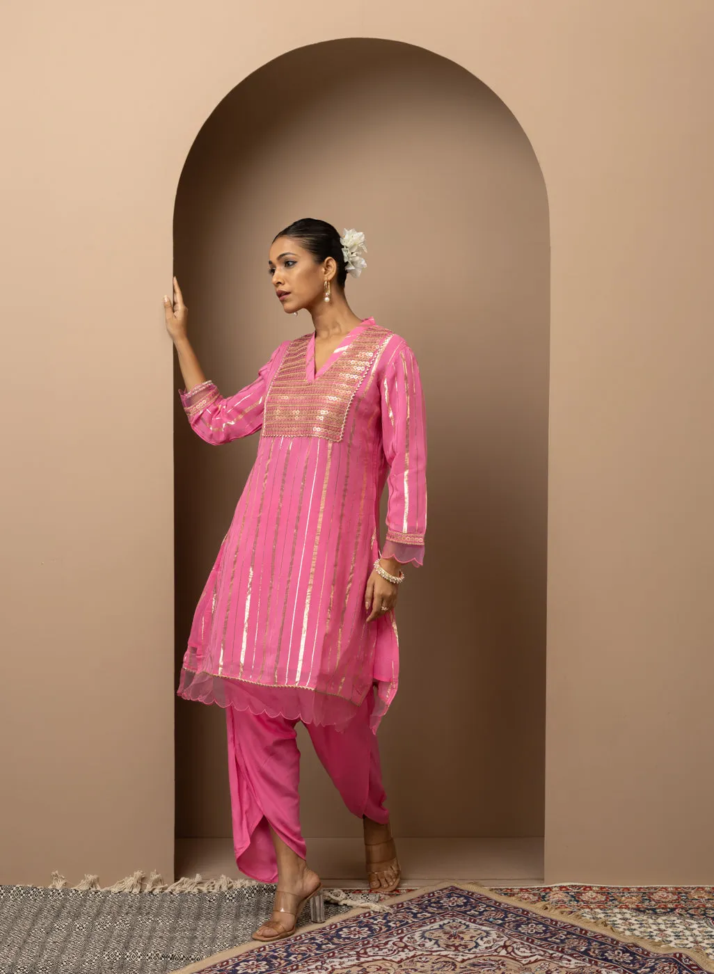 Pink Co-ord Set with Sequin Work Kurta and Dhoti