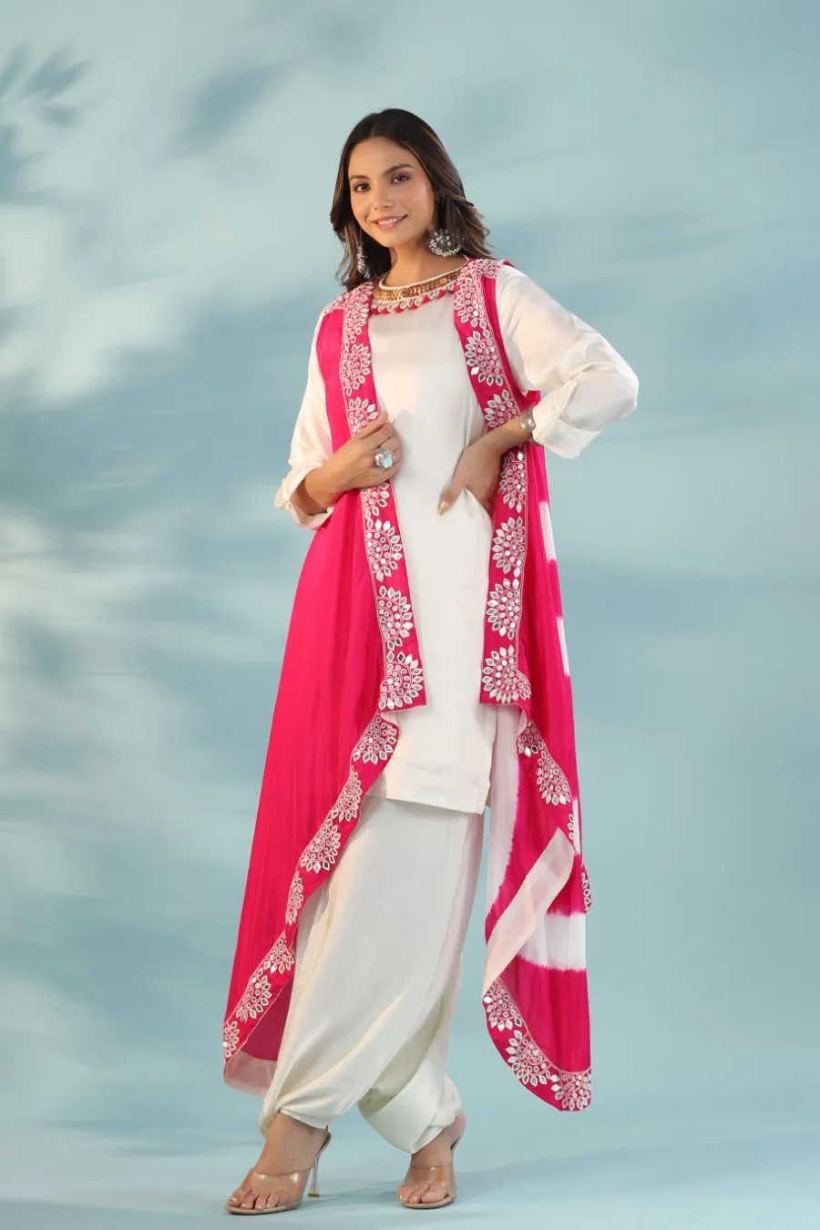 Pink Embellished Cape with Dhoti Pants & Tunic
