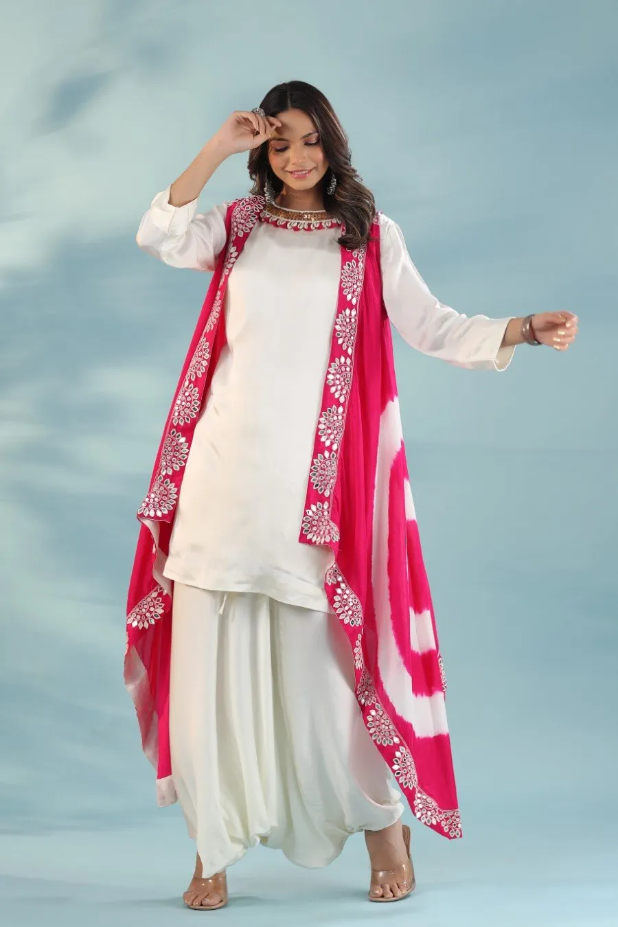 Pink Embellished Cape with Dhoti Pants & Tunic