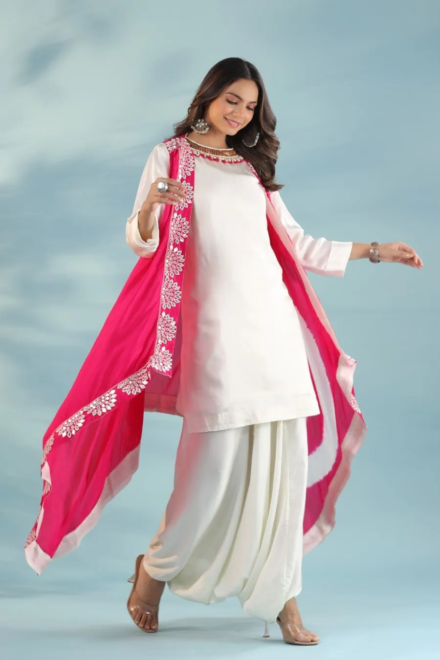 Pink Embellished Cape with Dhoti Pants & Tunic