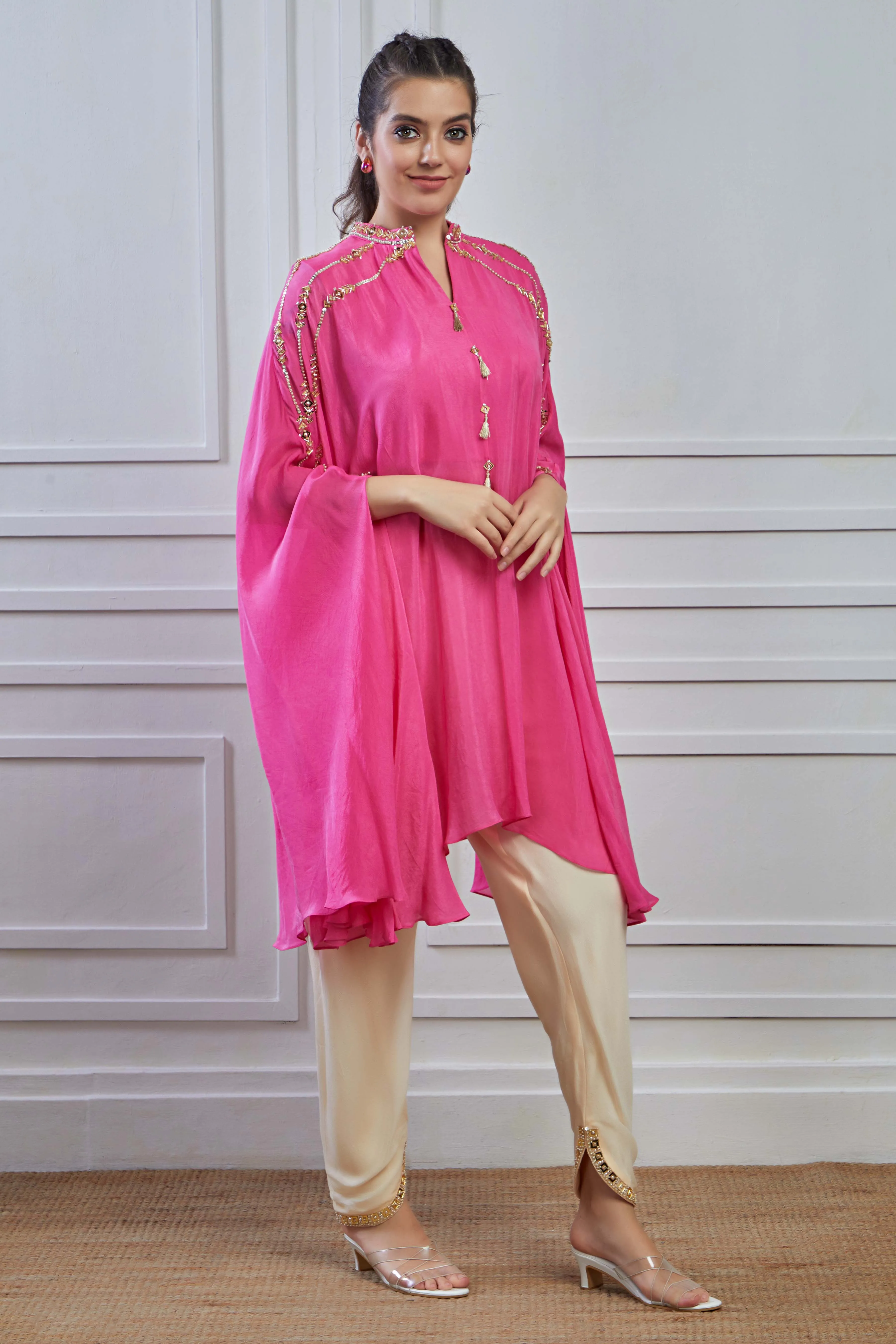 Pink Embellished Crepe Silk Kaftan Dhoti Set