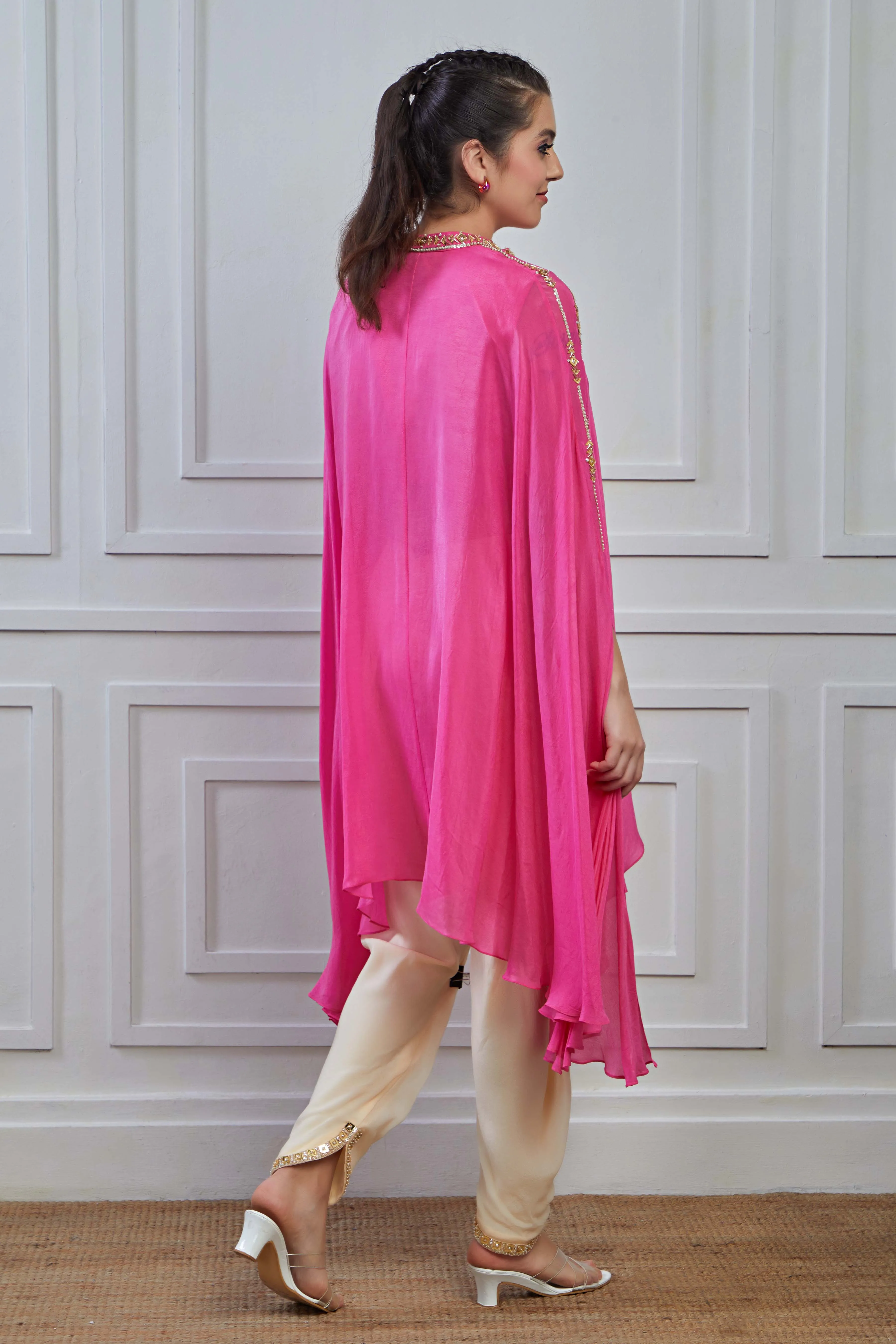 Pink Embellished Crepe Silk Kaftan Dhoti Set