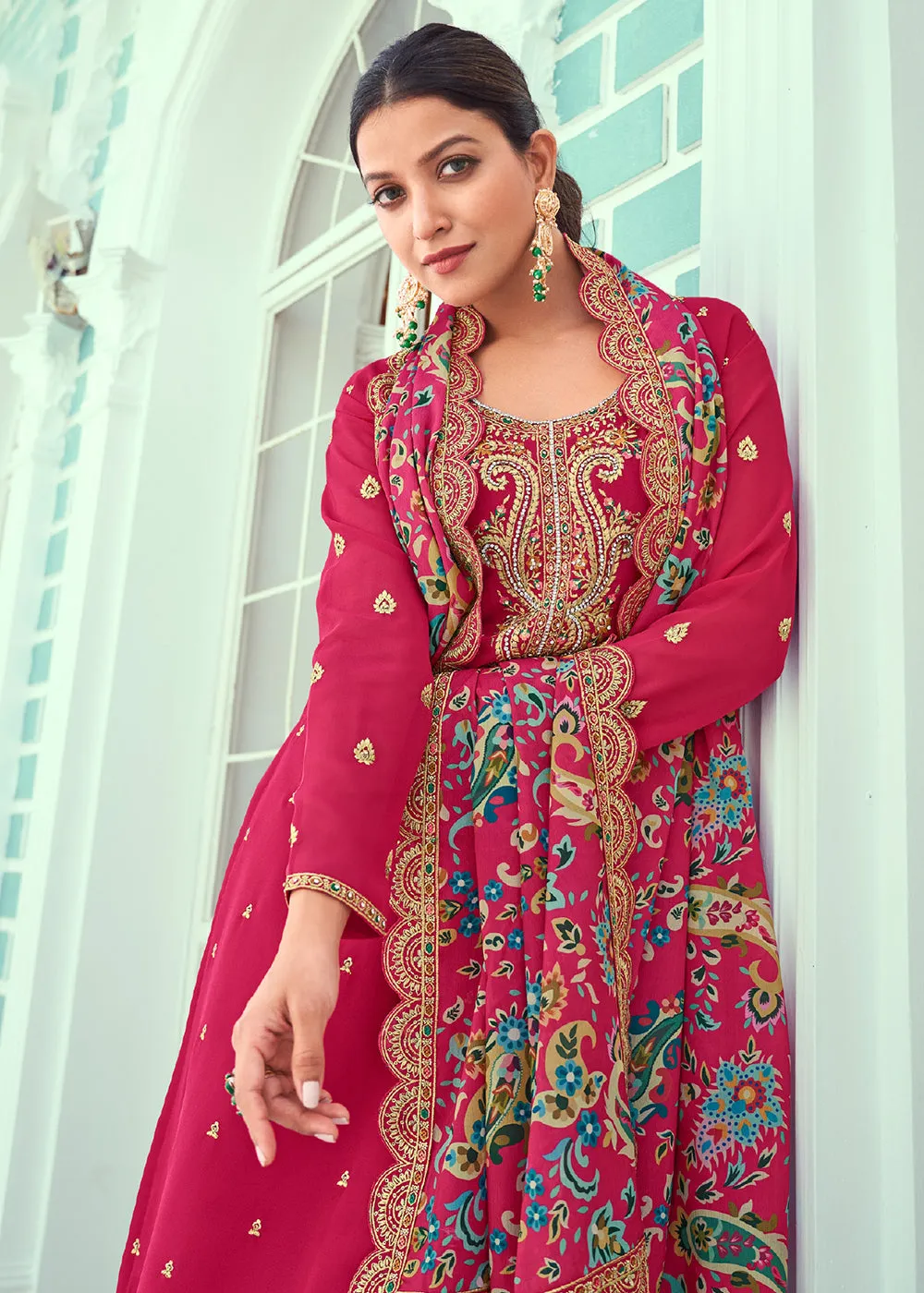 Pink Real Georgette Embroidered Pant Style Salwar Suit