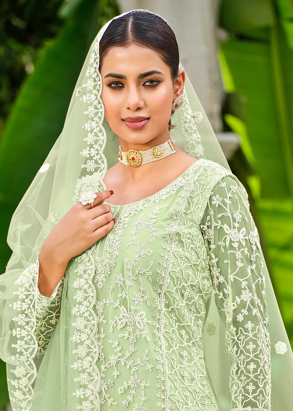Pista Green Stone & Cording Work Festive Palazzo Suit