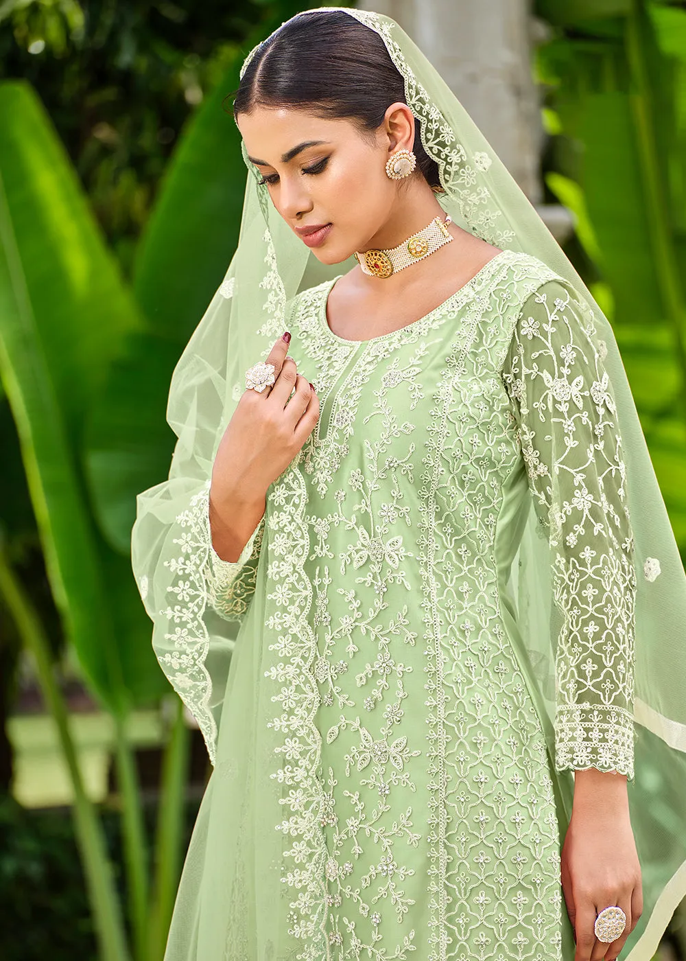 Pista Green Stone & Cording Work Festive Palazzo Suit
