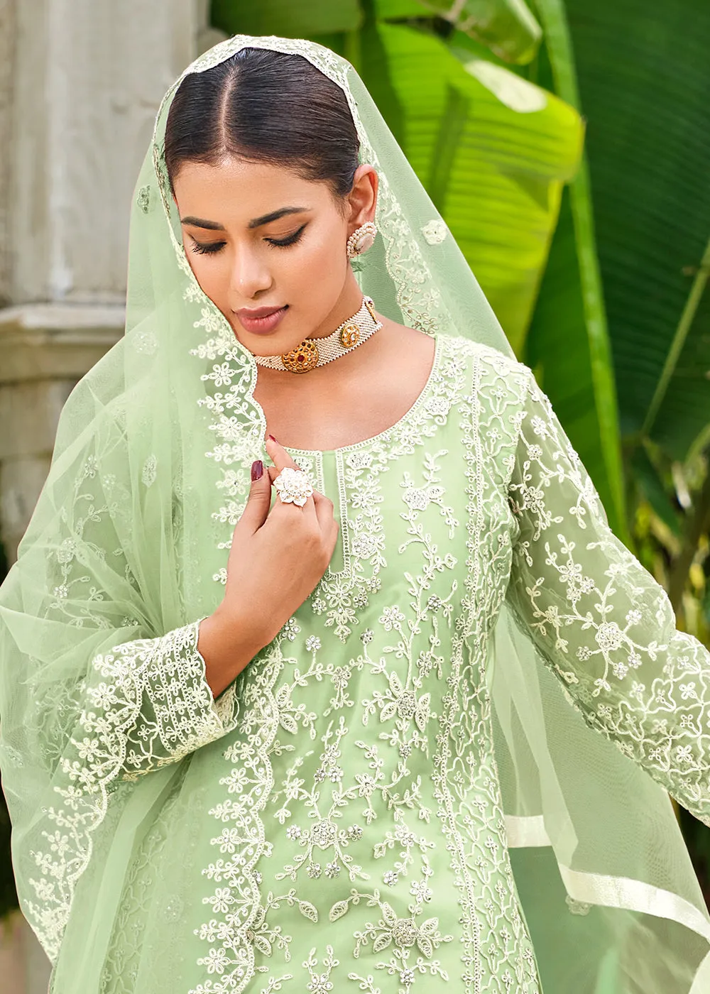 Pista Green Stone & Cording Work Festive Palazzo Suit