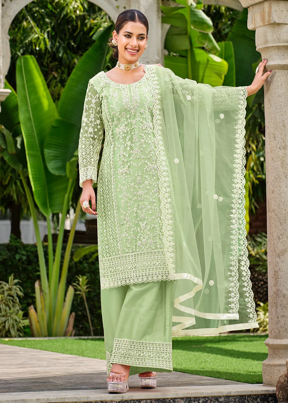 Pista Green Stone & Cording Work Festive Palazzo Suit