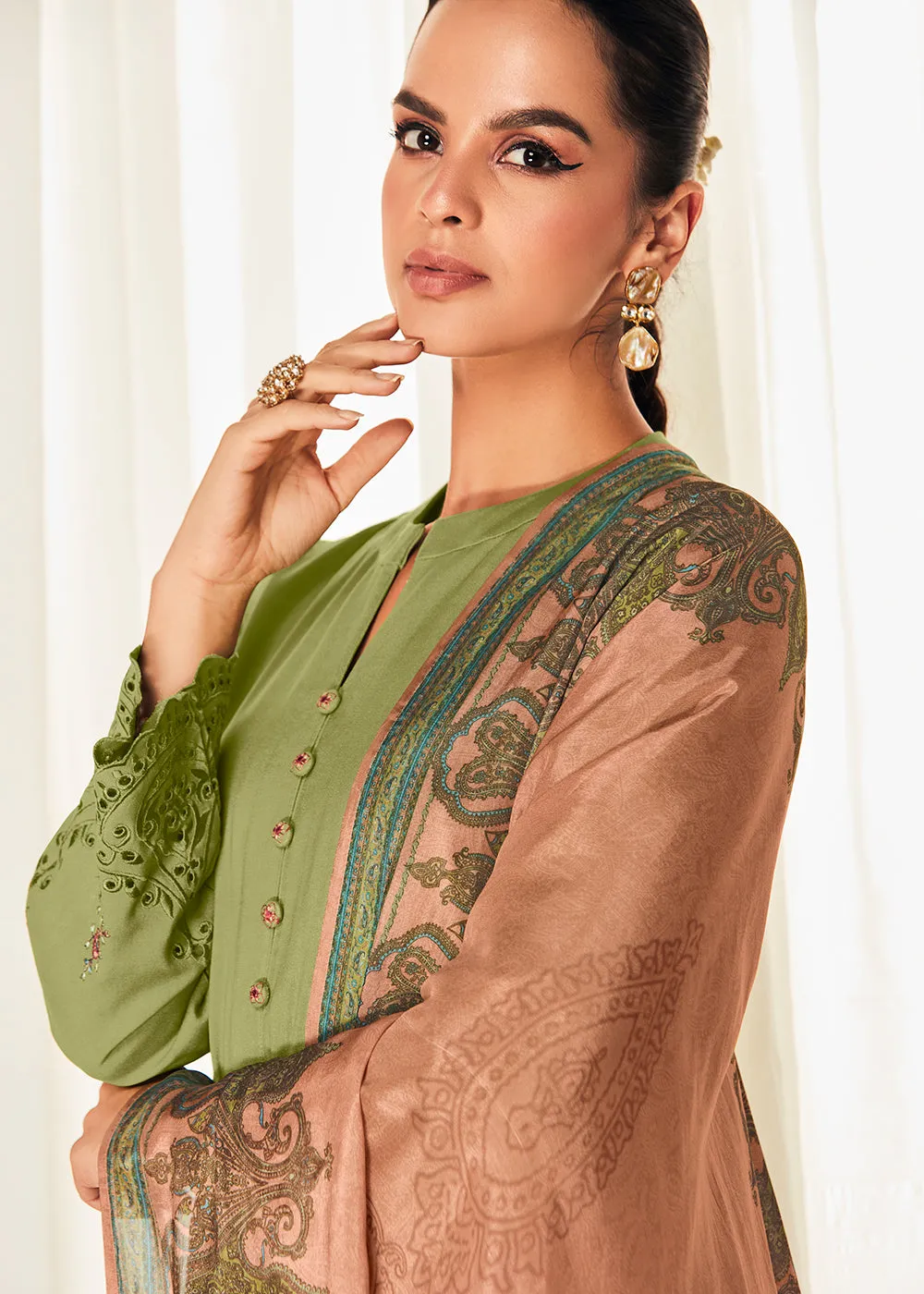 Pleasing Green Suzani Inspired Embroidered Ethnic Salwar Suit