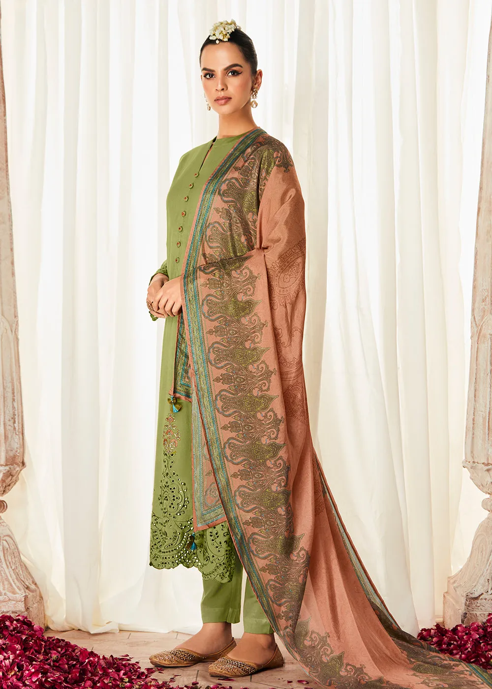 Pleasing Green Suzani Inspired Embroidered Ethnic Salwar Suit
