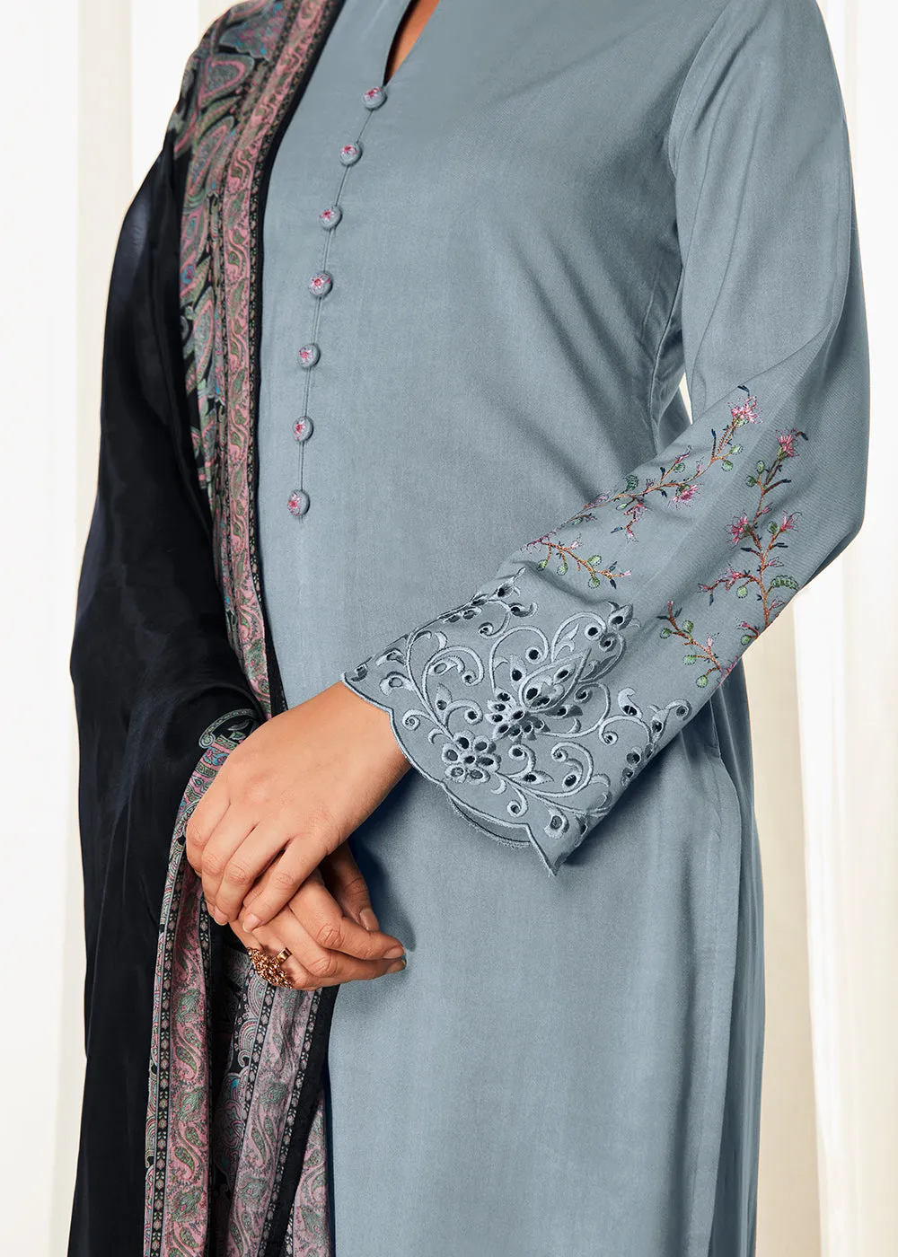 Pleasing Grey Suzani Inspired Embroidered Ethnic Salwar Suit