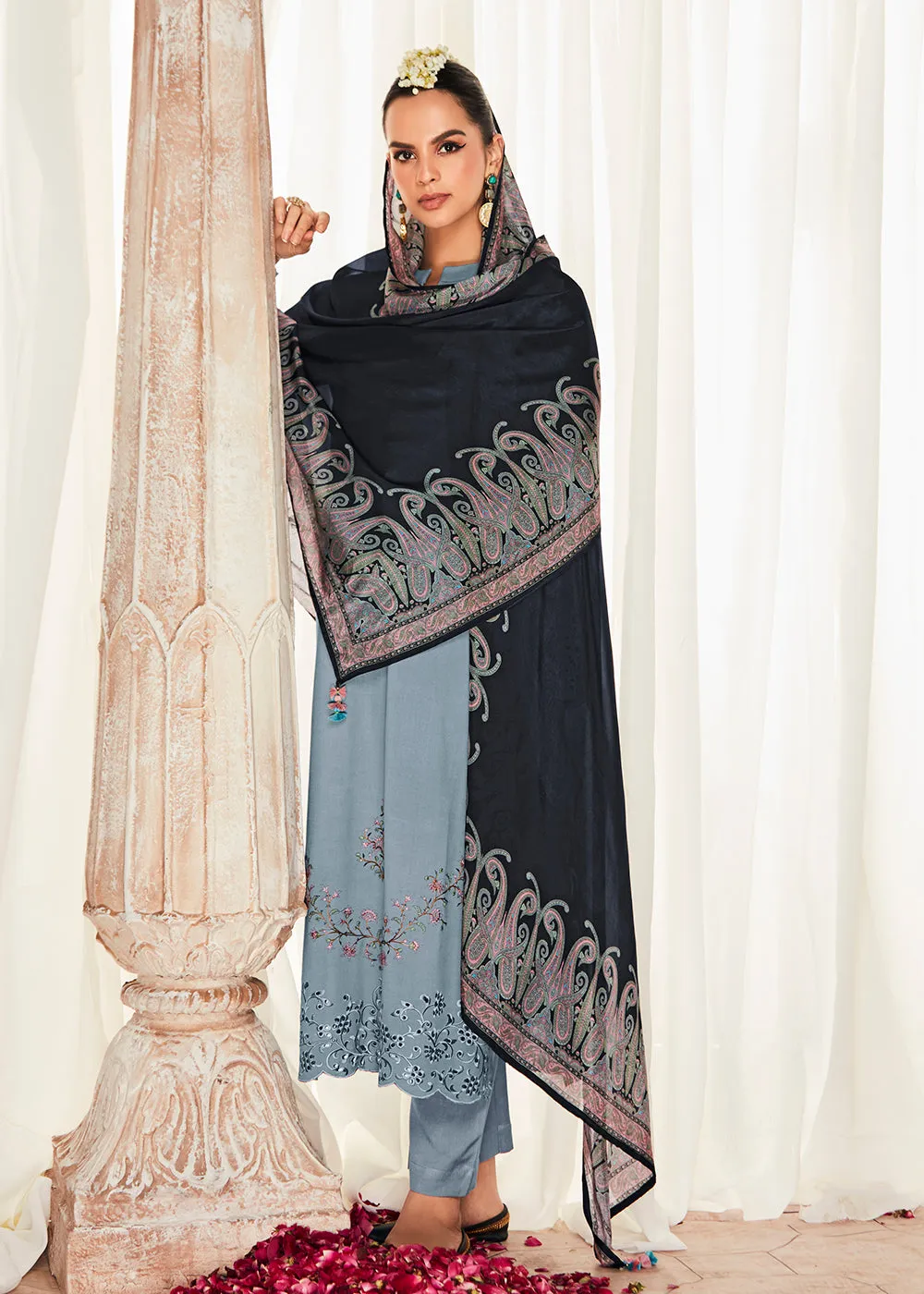 Pleasing Grey Suzani Inspired Embroidered Ethnic Salwar Suit