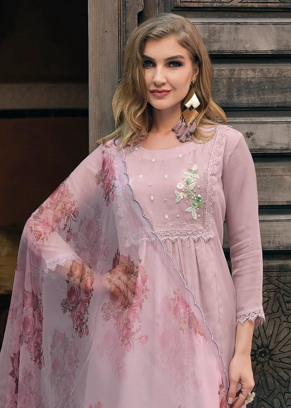 Pleasing Mauve Organza Khatli Hand Work Salwar Kameez
