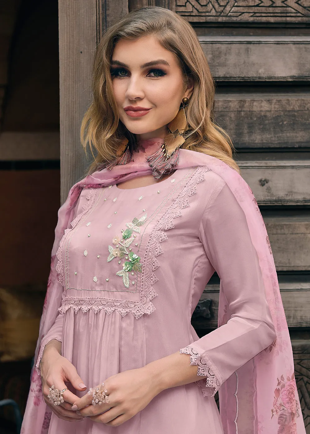 Pleasing Mauve Organza Khatli Hand Work Salwar Kameez