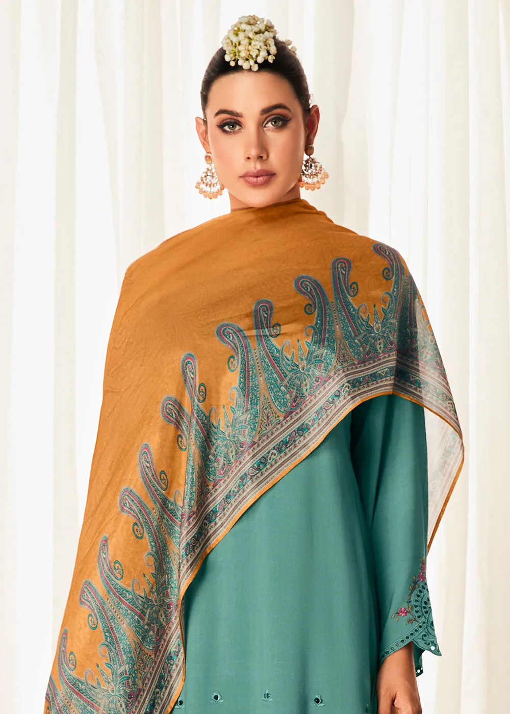 Pleasing Turquoise Suzani Inspired Embroidered Ethnic Salwar Suit