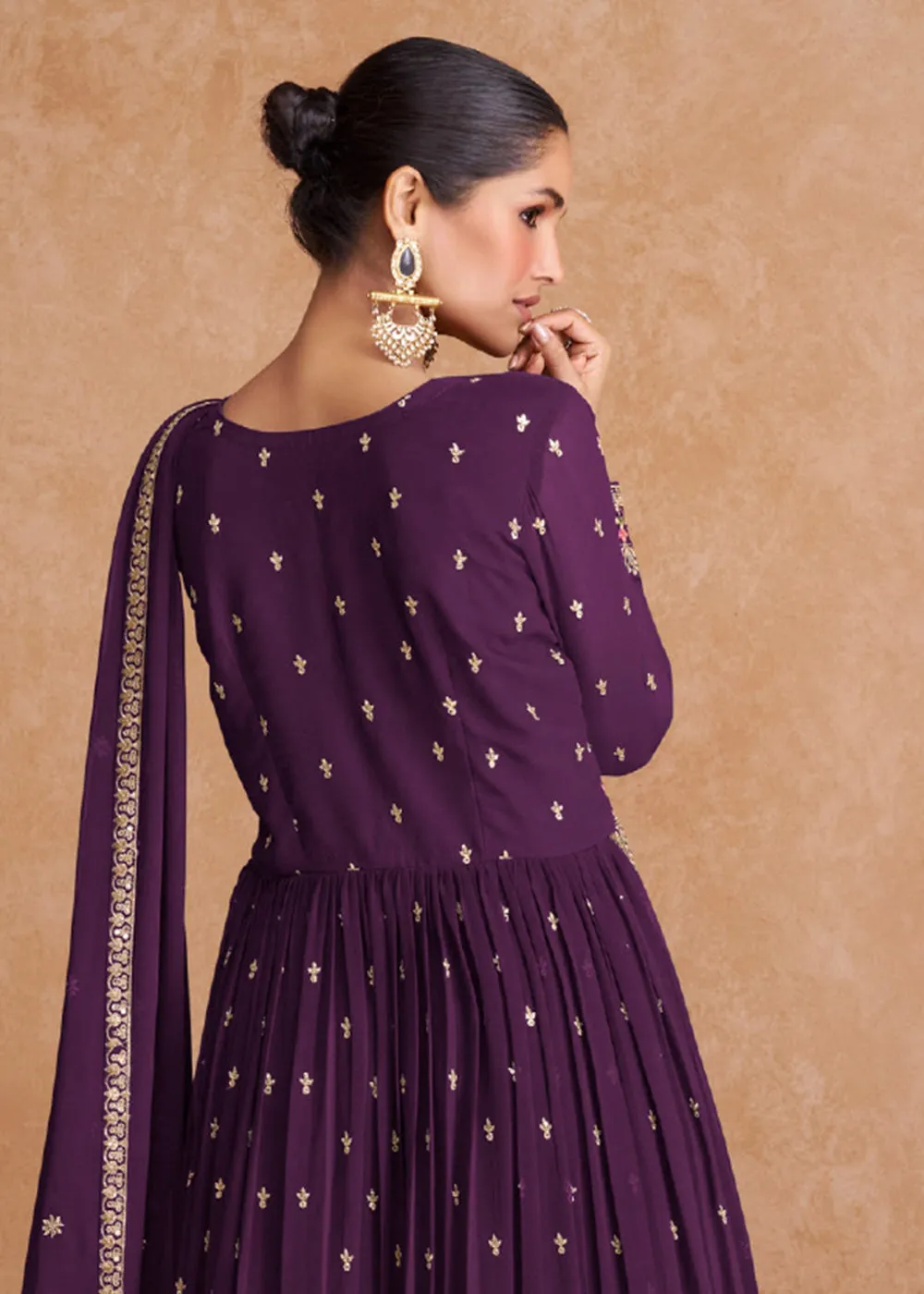Plum Wine Wedding Long Top Georgette Palazzo Suit