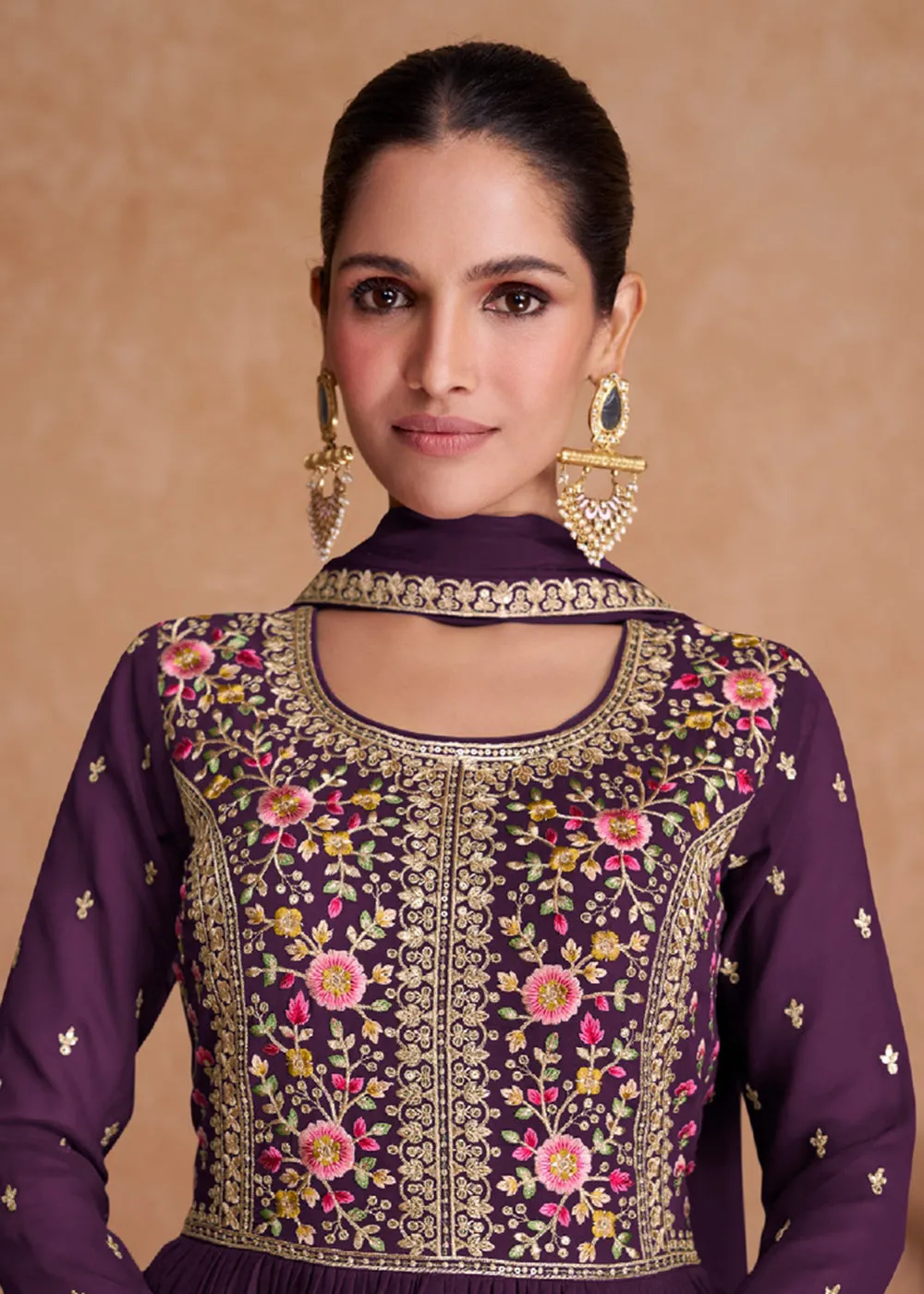 Plum Wine Wedding Long Top Georgette Palazzo Suit